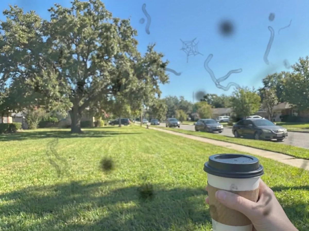 Person experiencing visual floaters and dark spots drifting across their vision